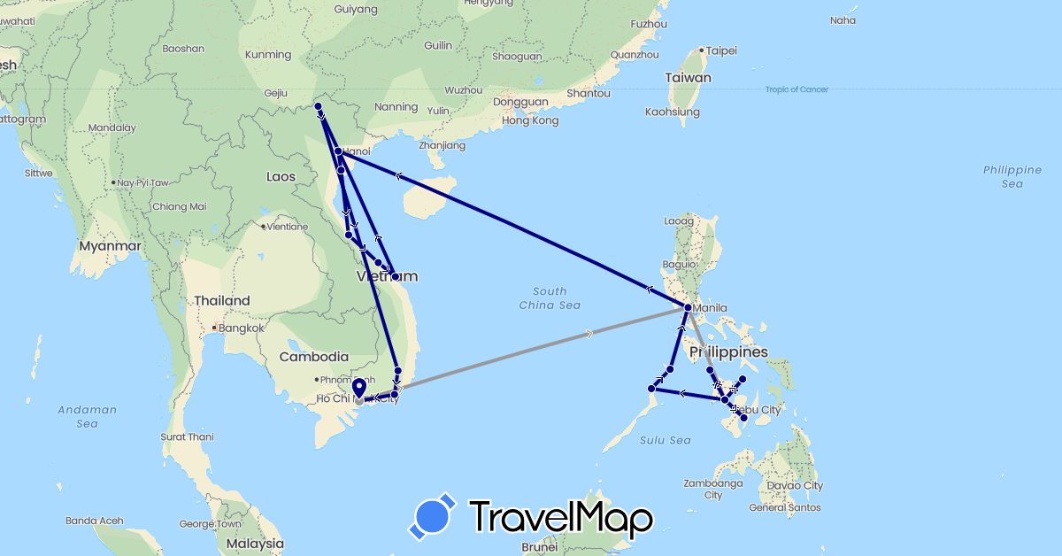 TravelMap itinerary: driving, plane in Philippines, Vietnam (Asia)